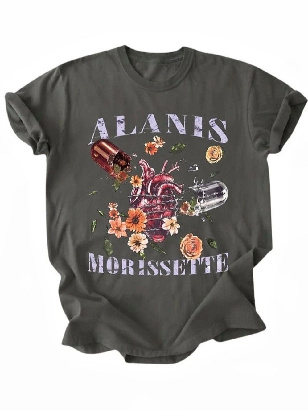 Alanis Morissette Floral Anatomical Heart Pill Grunge Gray Comfort Colors T-Shir